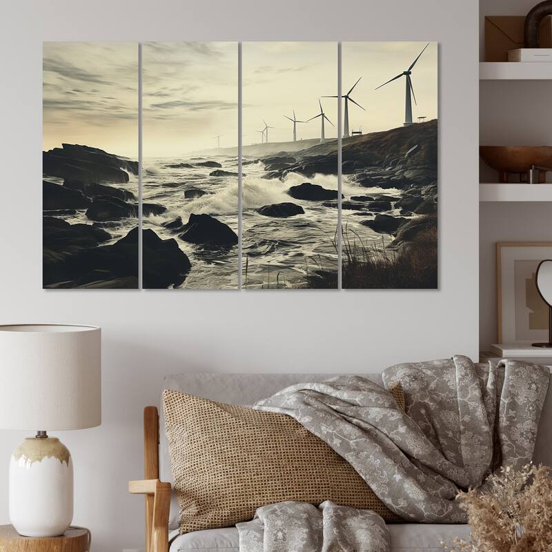 Designart "Wind Turbines Monochrome Coastal Harvest" Landscapes Multipanel Canvas Print set - 48 In. Wide X 28 In. High - 4 Panels Equal Panels