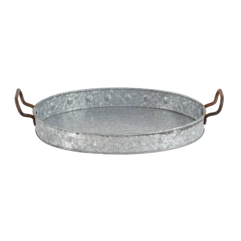Gray Metal Galvanized Oval Living Room Decor Tray with Rust Handles (Set of 3)