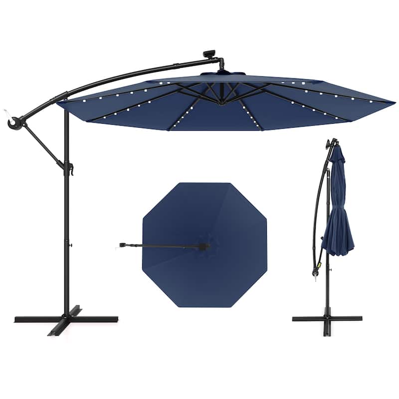 Gymax 10 Ft Solar LED 40 Lights Offset Umbrella Crank Cross Base Patio - Navy