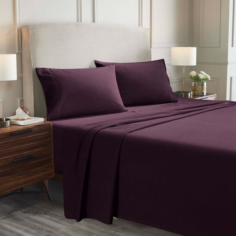 Superior Solid Flannel Cotton Fuzzy Deep Pocket Sheet Set - Purple - California King