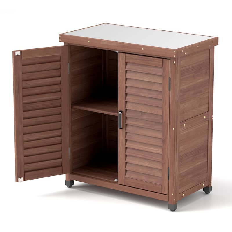 Outdoor Garden Potting Bench Table, Garden Wood Workstation with Storage Cabinet, Patio Storage Cabinet with Metal Table Top - Brown