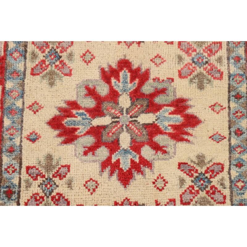 Geometric Kazak Oriental Runner Rug Handmade Beige Wool Carpet - 2'0" x 5'9"