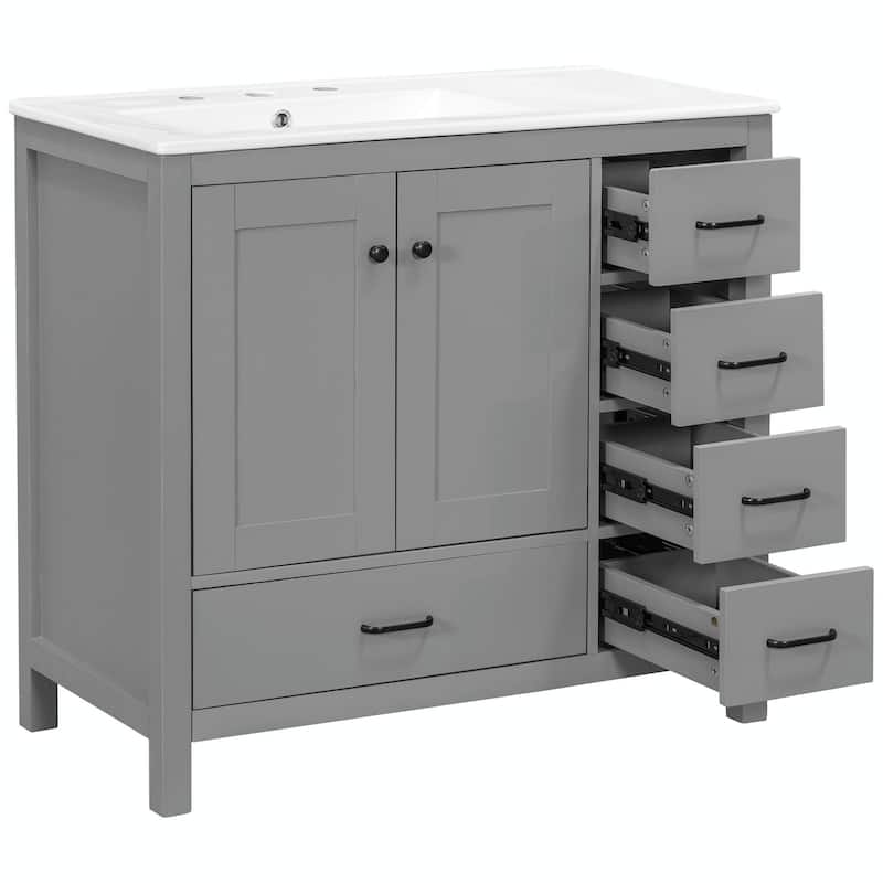 36" White Bathroom Vanity with Ceramic Sink Combo, Ample Storage Cabinet - 2 Soft-Close Doors and 5 Drawers