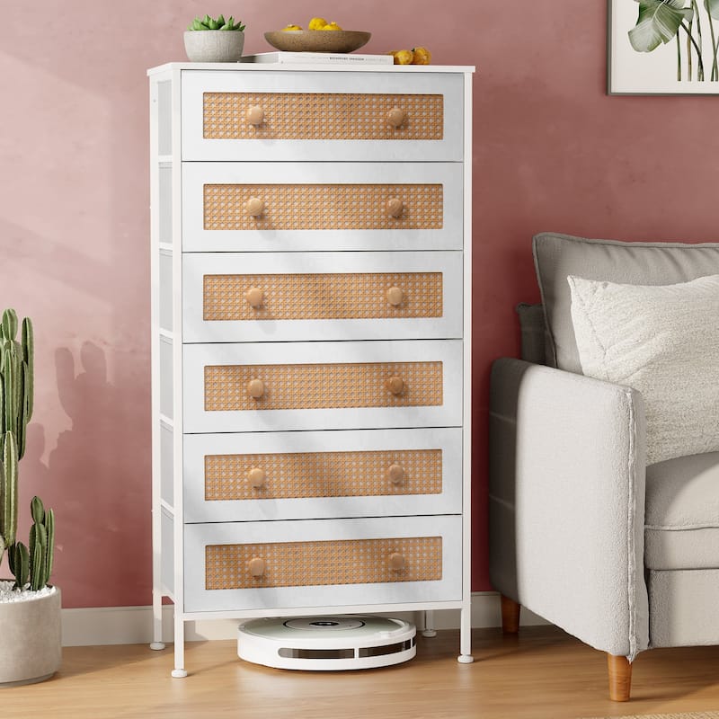 6-Drawer Chest Faux Rattan Fabric Drawers Dresser Storage Cabinet Bedroom Organizer - 1-piece, White - 6-drawer