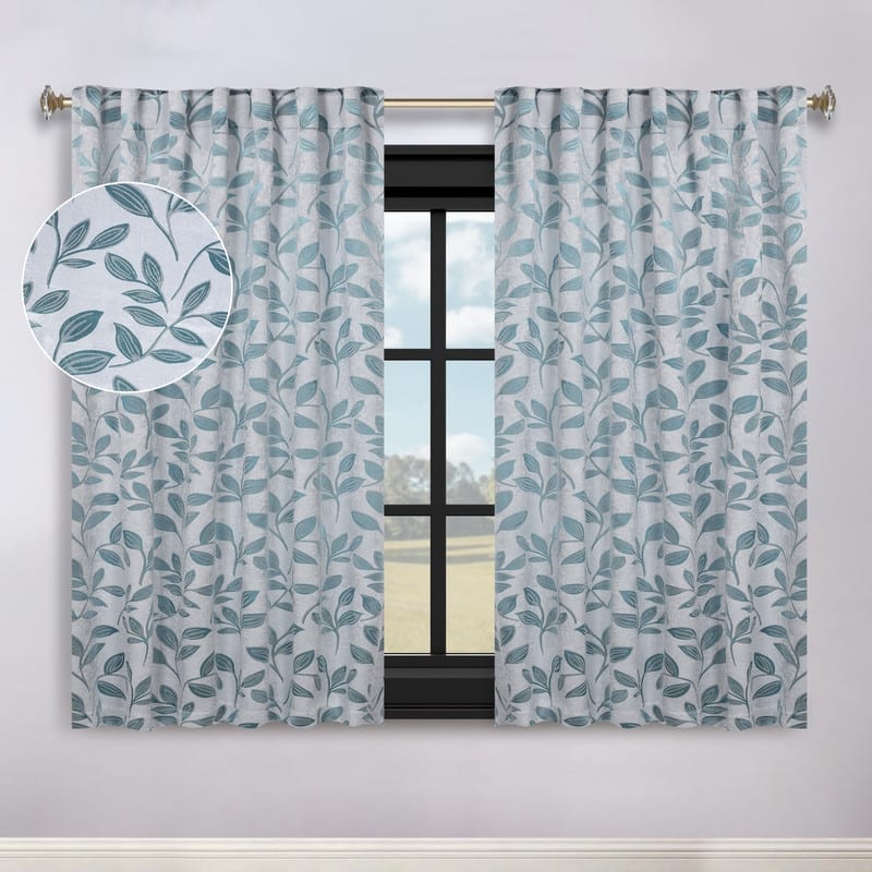 Superior Leaves Machine Washable Room Darkening Curtains with Back Tabs, Set of 2 - 52" x 63" - Teal