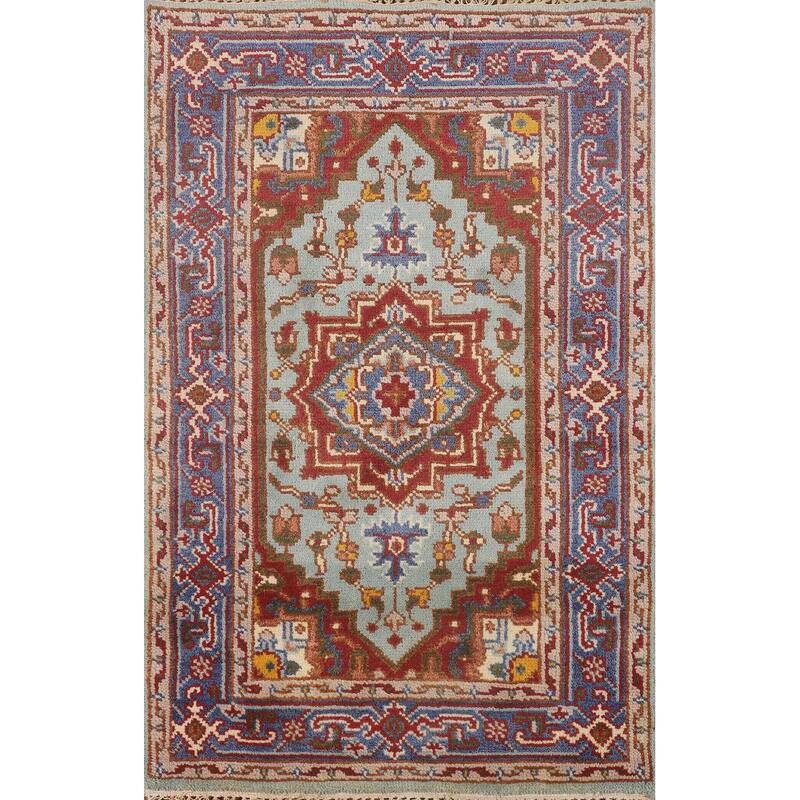 Turquoise Geometric Heriz Serapi Foyer Rug Hand-Knotted Wool Carpet - 3'0"x 4'11"