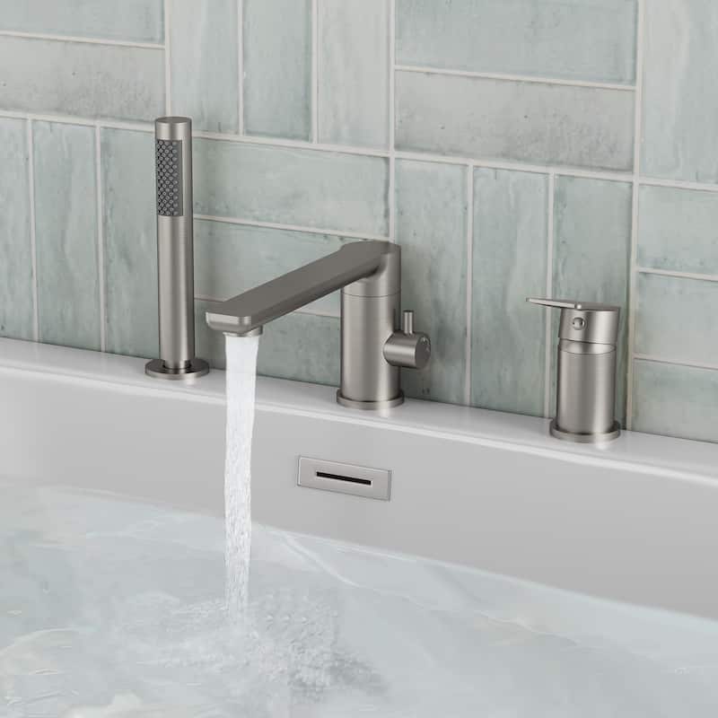 Modern Tub Filler with Hand Sprayer Deck Mount Tub Faucet with Hand Shower 3 Holes Bathtub Faucet Brass