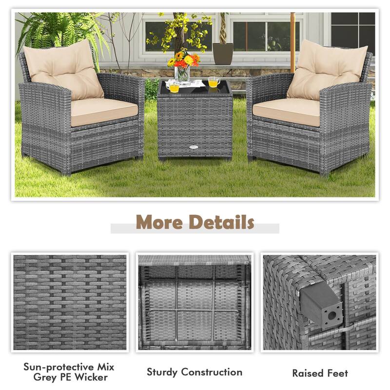 Costway 3PCS Patio Rattan Furniture Bistro Set Cushioned Sofas Side