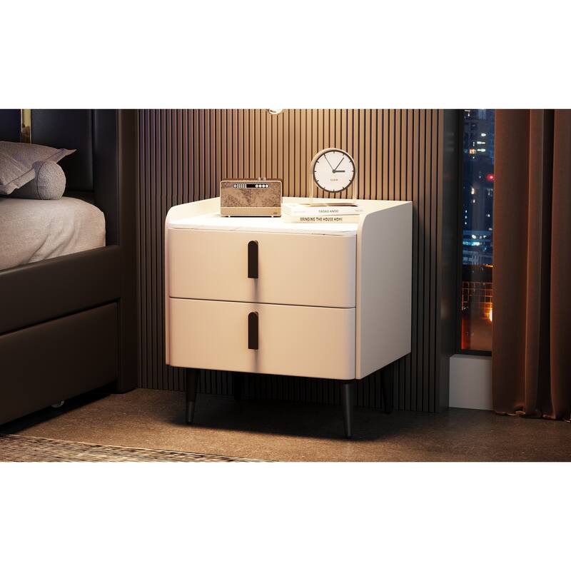 Modern 2-Drawer Nightstand with Marble-Pattern Top - Bedside/End Table for Bedroom/Living Room (White)