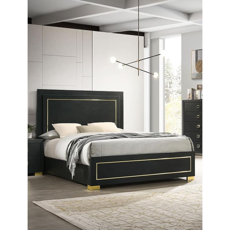 Queen Size Bed with LED Headboard, Black Finish, Gold Trim, Metal Legs