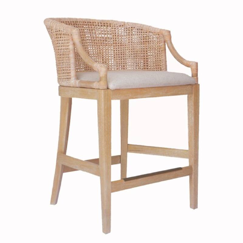 Roomfitters 25-Inch Handcrafted Rattan Counter Stool, Natural Whitewash with Reclaimed Wheat Legs and Bronze Kickplate