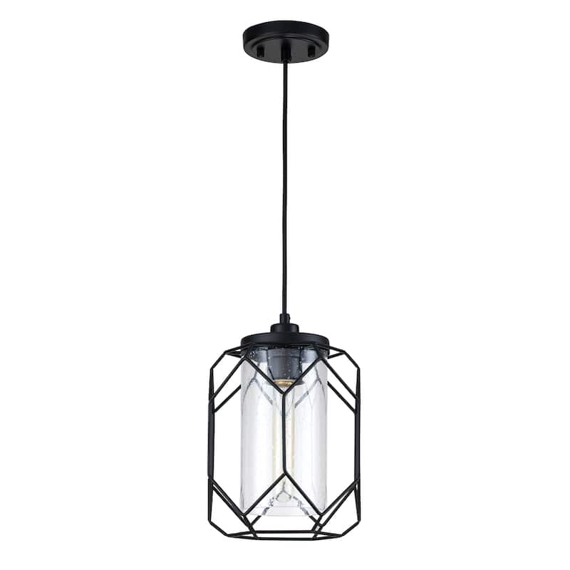 Black 1-Light Cage Pendant with Seedy Glass Shade
