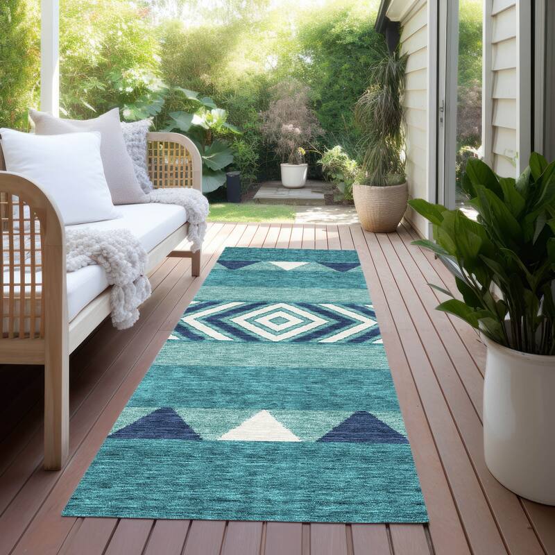 Machine Washable Indoor/ Outdoor Global Boho Chantille Rug - Teal - 2'3" x 7'6"
