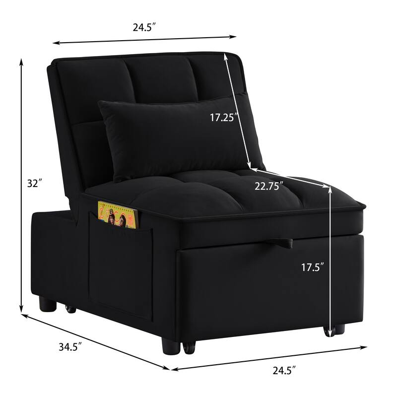 Velvet Multi-Function Chair Bed with Adjustable Backrest, Storage Pockets and Convertible Chaise Design