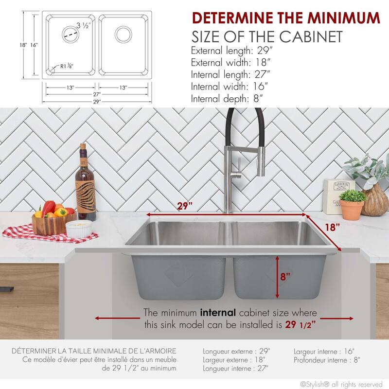 STYLISH 29 inch L x 18 inches W Double Bowl Undermount and Drop-in Stainless Steel Kitchen Sink - 29" x 18" x 8"