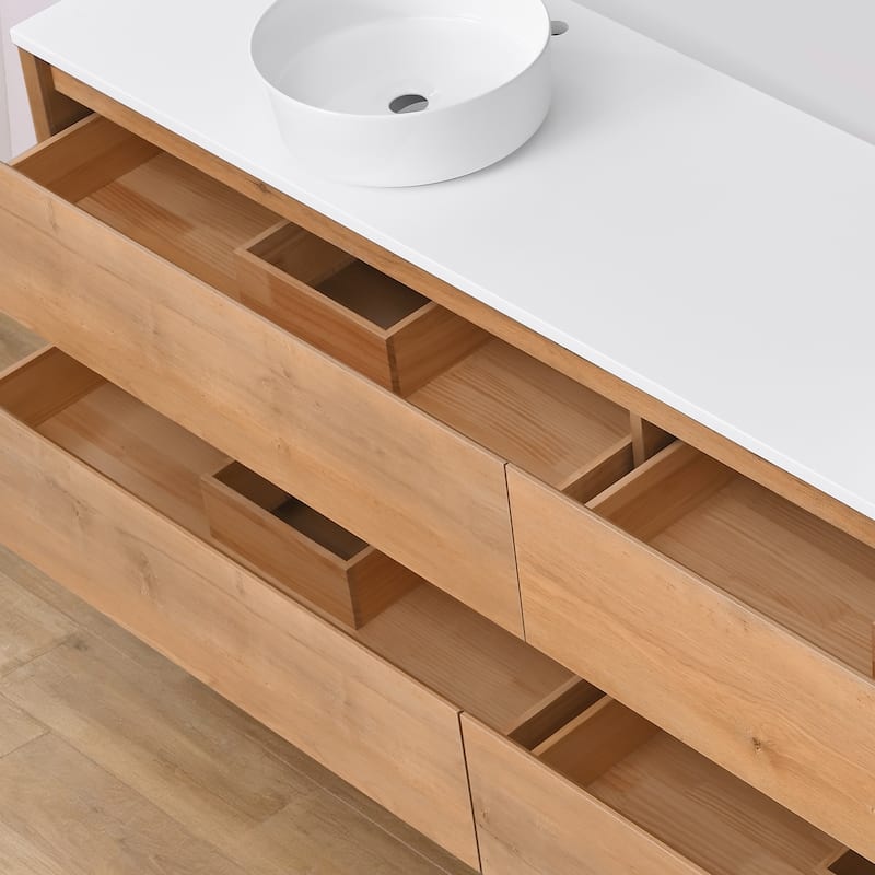 Sylphar 84 inch Toffee Oak Floating Bathroom Vanity with White Quartz Top