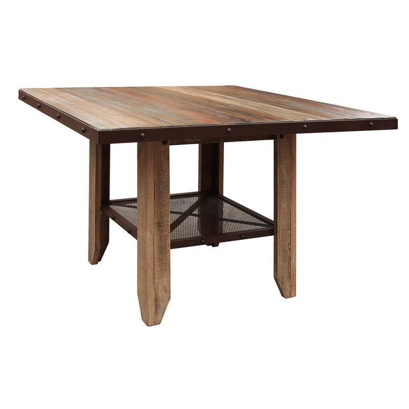 Fena 52 Inch Counter Height Dining Table, Iron Mesh Shelf, Multicolor Wood