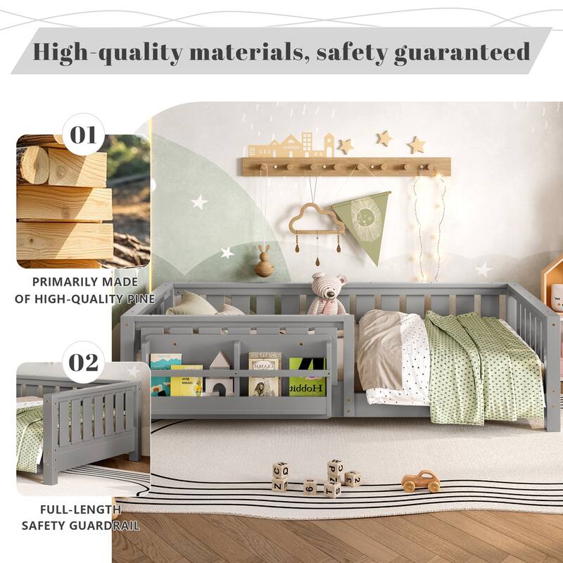 Montessori Floor Bed Low Profile Kids Bed with Rails & Bookshelf