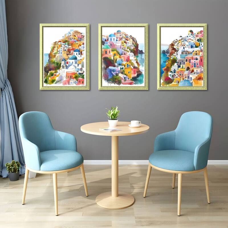 Set of 3 Colorful Cityscape Framed Wall Art - Replaceable Canvas Prints with Wood Picture Frames - Green,Pink