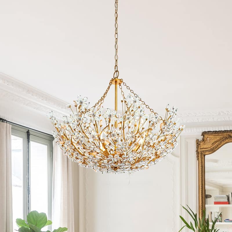 French Luxury Antique Brass Bloom Crystal Flower Chandelier - 28in