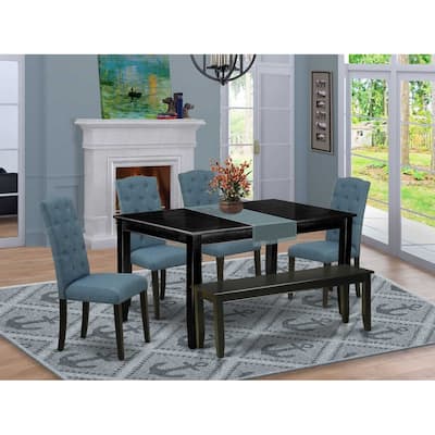 HomeStock 6-Piece Rectangle Black Finish Solid Wood Top Dining Table with 1 Bench, 4 Chairs with Lattice Back