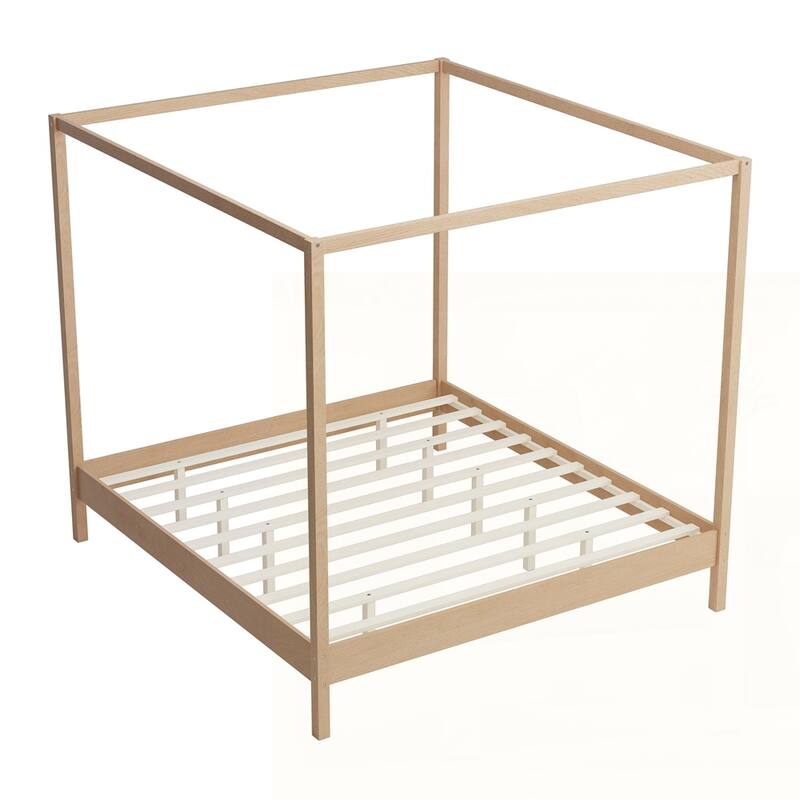 Solid Wood Canopy Bed Frame Four Poster Platform Bed with Slats Support