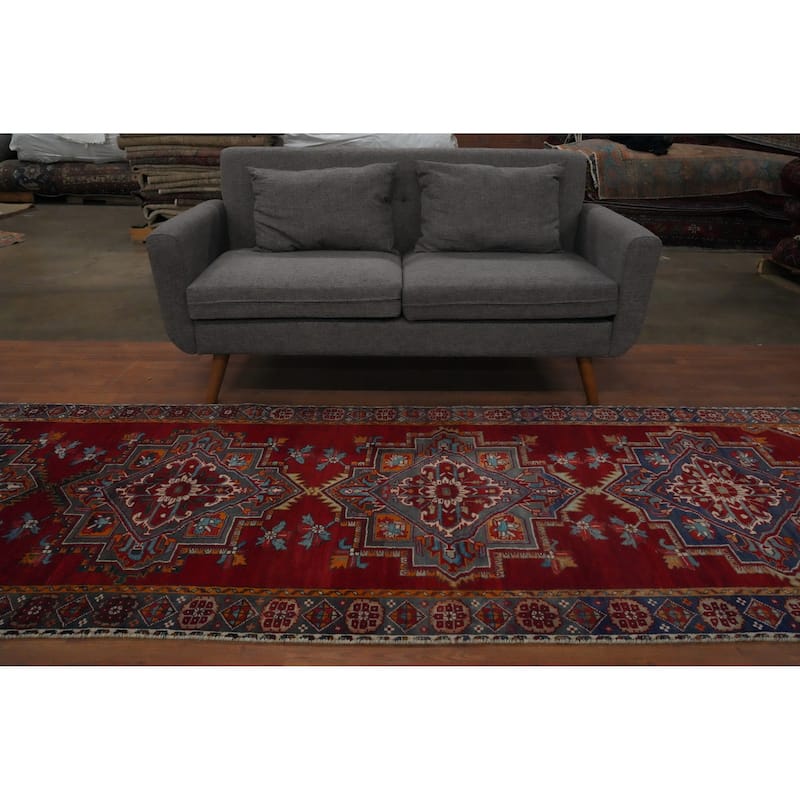 Hand Knotted Oriental 100% Wool Carpet Traditional Geometric Red Tabriz Runner Rug - 13' 7'' X 3' 8''