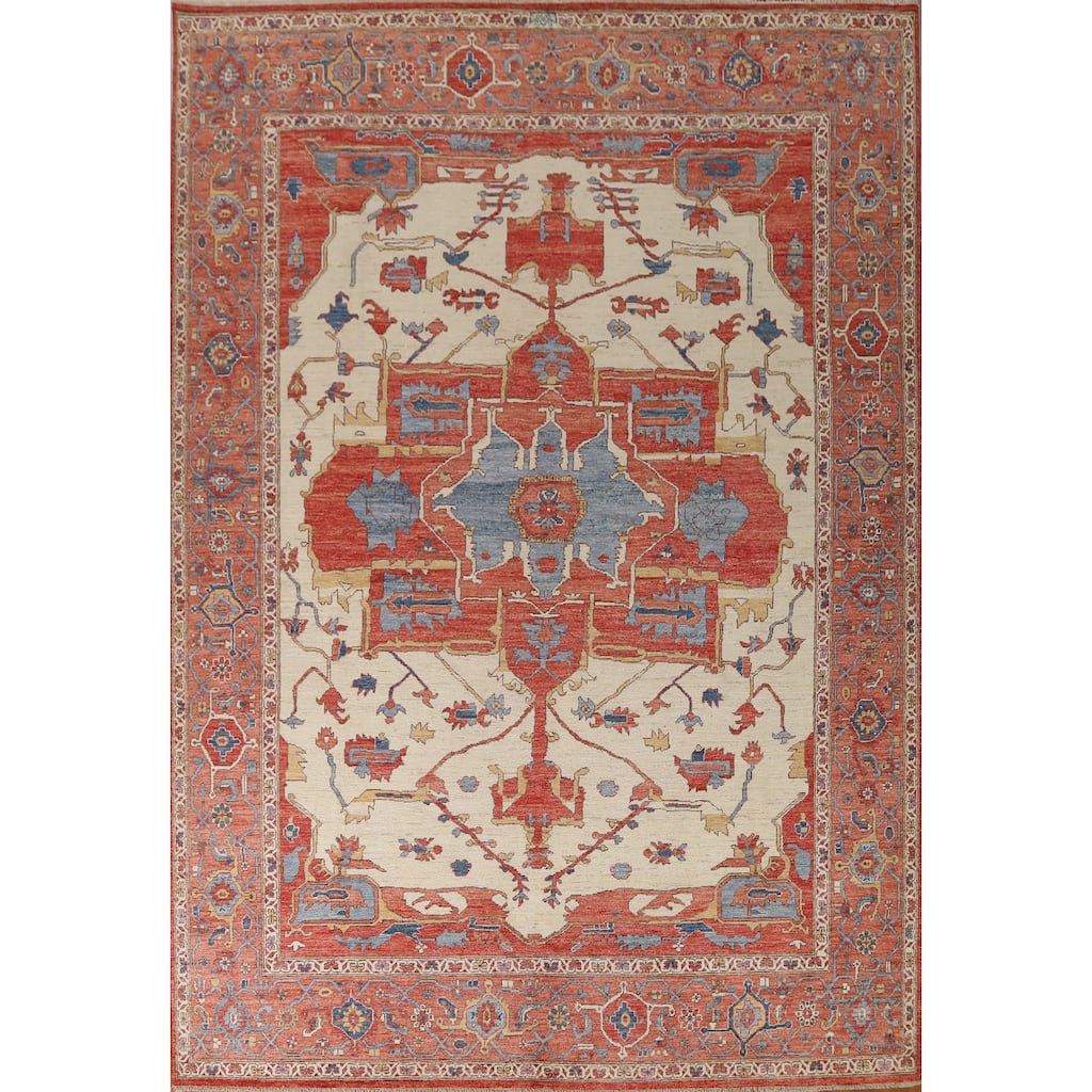 Hand Knotted Oriental 100% Wool Carpet Traditional Medallion Beige & Ivories Heriz (serapi) Area Rug - 11' 10'' X 9' 2''