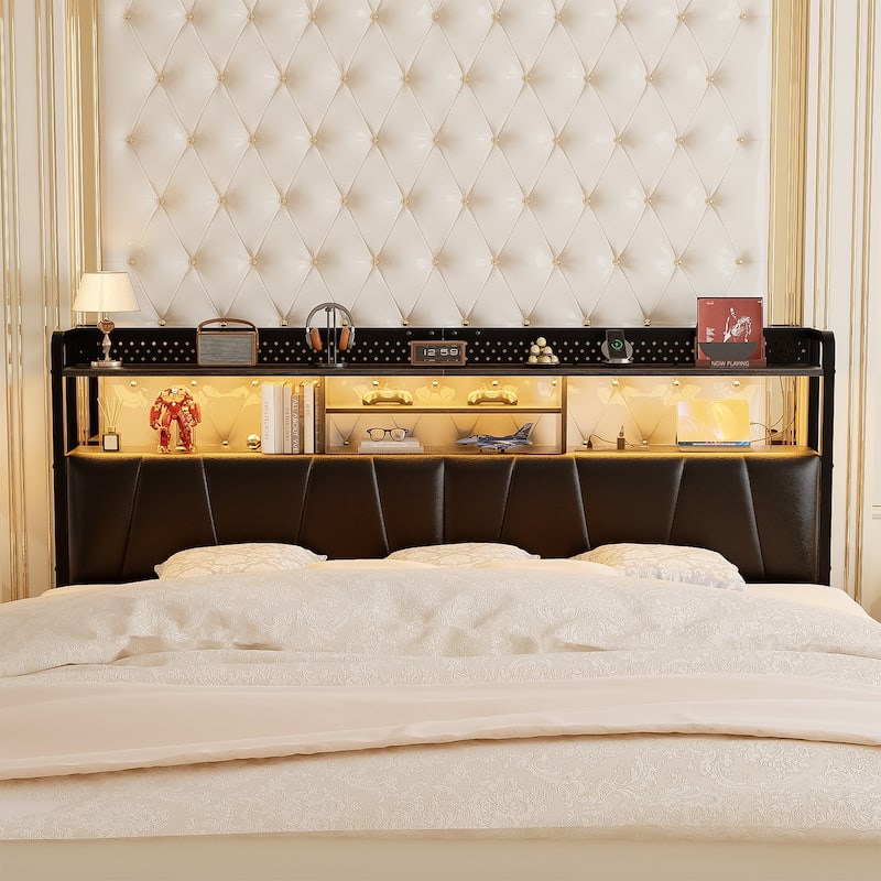Upholstered Headboard with Pegboard and Charging Station, Storage Headboard Shelves and LED Light