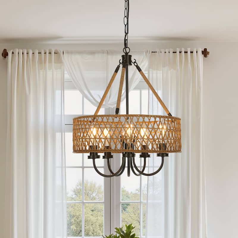 5-Light Boho Chandeliers Rattan Hand Woven Pendant Light - Black and Brown