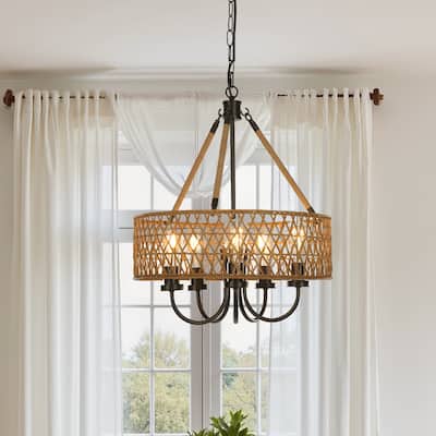 5-Light Boho Chandeliers Rattan Hand Woven Pendant Light