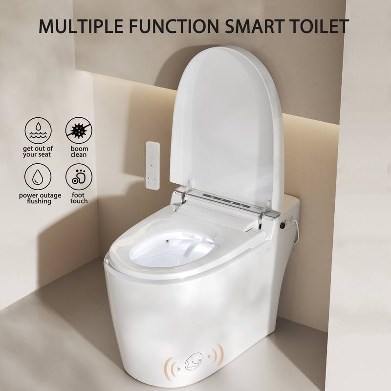 Smart Bidet Toilet with Remote, Auto Open/Close, Heated Seat, Air Dryer, Foot Sensor, cUPC - White