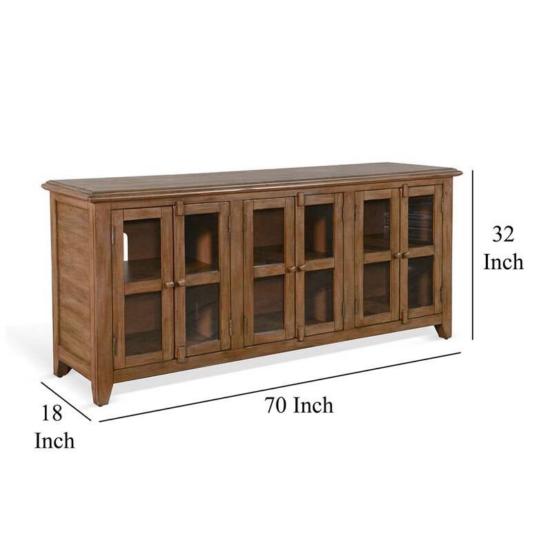 Yael TV Media Console, 6 Shelf, Glass Doors, 70 Inch Light Brown Wood