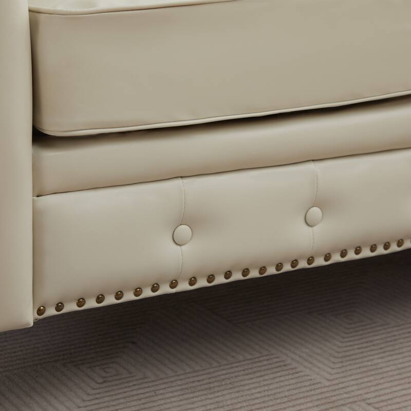 Vintage PU Button-Tufted Sofa Couch, Flared Arms, Rubberwood Legs & Nailhead Trim