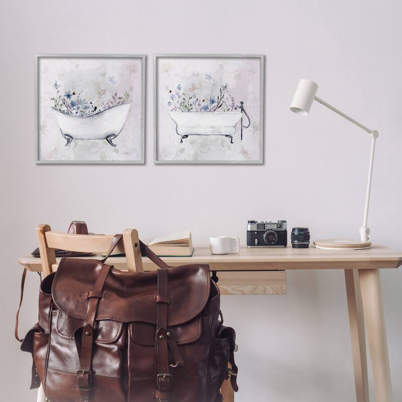 Stupell Antique Tubs with Botanics Framed Giclee Art Design By Stella Chang (Set of 2)
