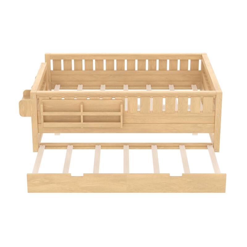 Full/Twin Size Wood Bed with Built-in Bookshelves and Storage Staircase, Safety Rails and Trundle Bed