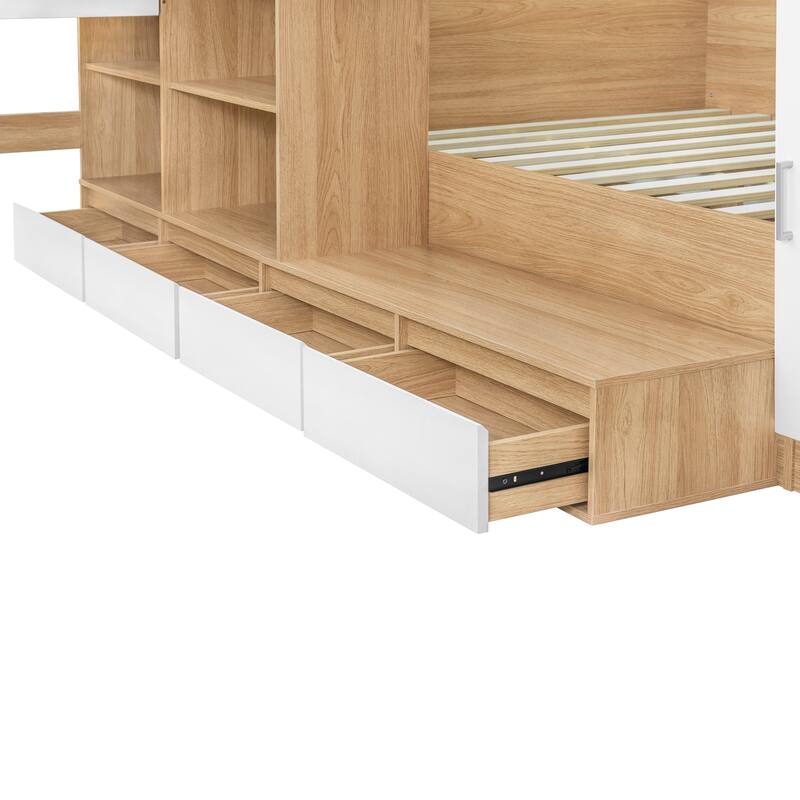 Versatile Storage Bed Frame with 6 Drawers, Shelves, Wardrobe and Side Storage, Full Size Wooden Platform Bed with L Shaped Desk