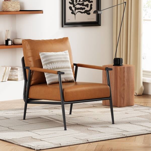 slide 2 of 11, Mid-Century Modern Accent Chair with Upholstery, Padded High Backrest, Metal Frame and faux leather wrapped Armrests Brown