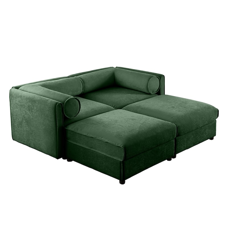 75.5" 2-Seater Chenille Sofa with 2 Ottoman Storage Seats, Cylindrical Backrest and Modular Design