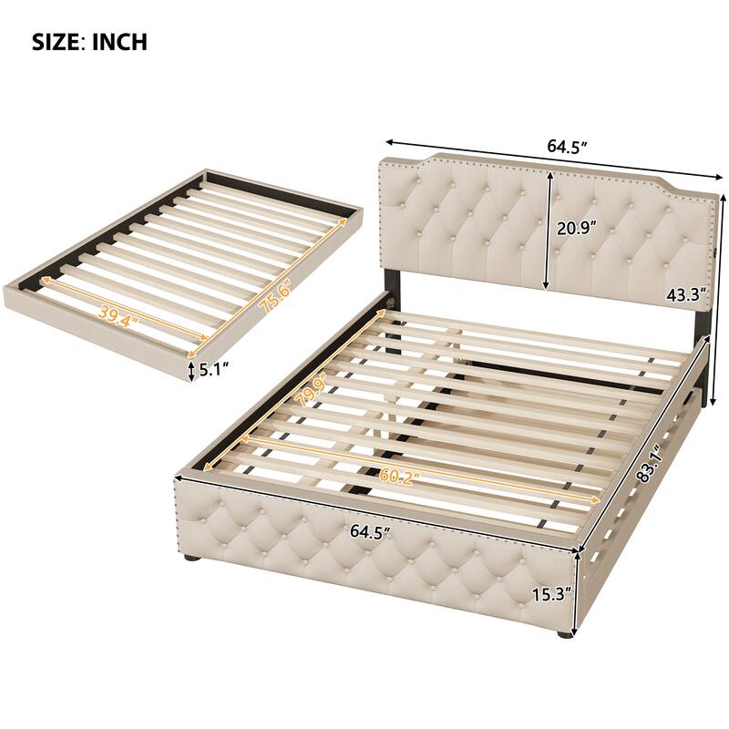 Linen Upholstered Platform Bed Button-Tufted Headboard Wood Panel Bed Frame with 2 Drawers or Trundle Bed, USB on Both Sides