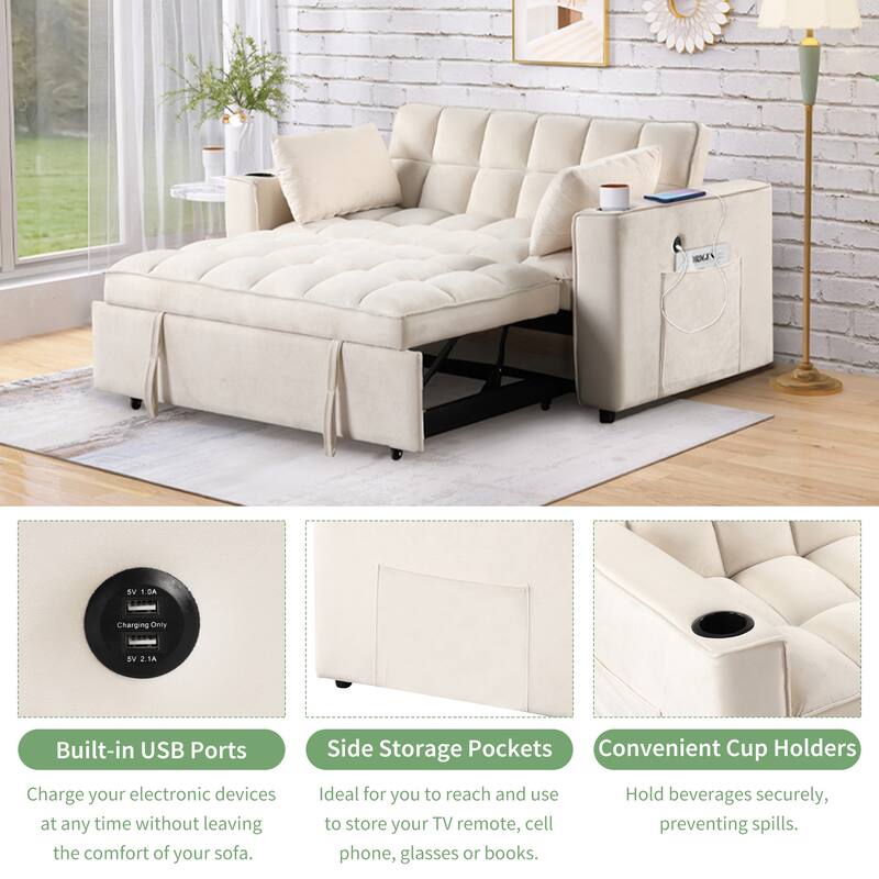 Loveseat Convertible Pull-out Sleeper Sofa Bed Adjustable Backrest Tufted Couch Futon Sofa w2 Pillows, USB Ports Pockets
