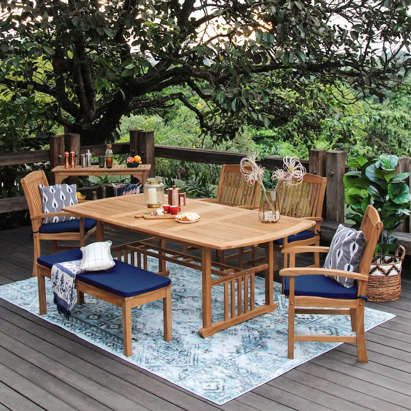 Cambridge Casual Caterina 6-Piece Teak Outdoor Extendable Dining Set - Natural Teak/Navy Cushion