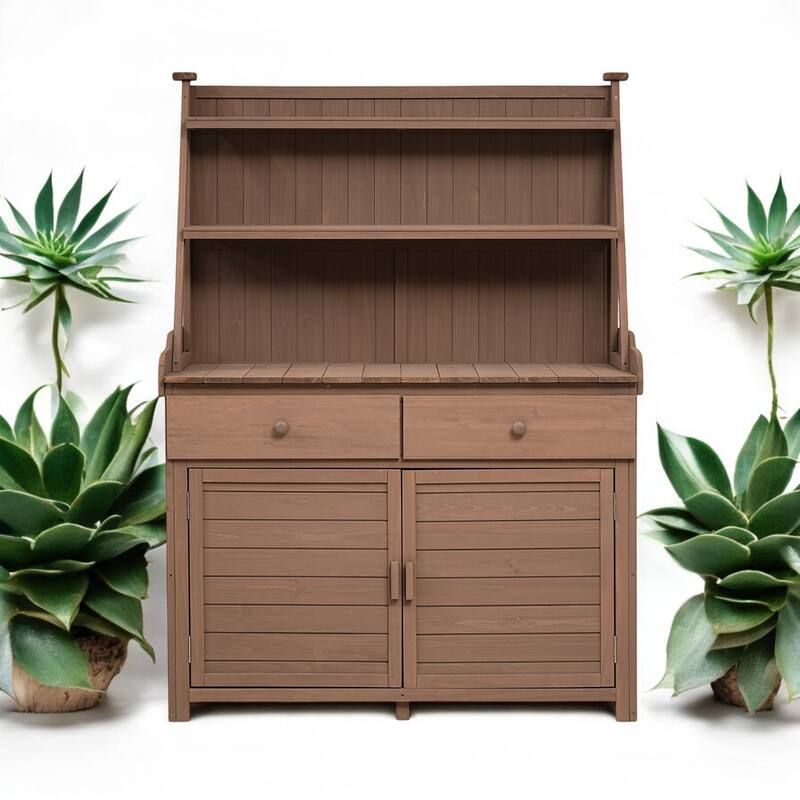 65" Garden Potting Bench Table with Storage Shelves, Drawers, and Cabinet – Fir Outdoor Planting Station with Storage Shelves