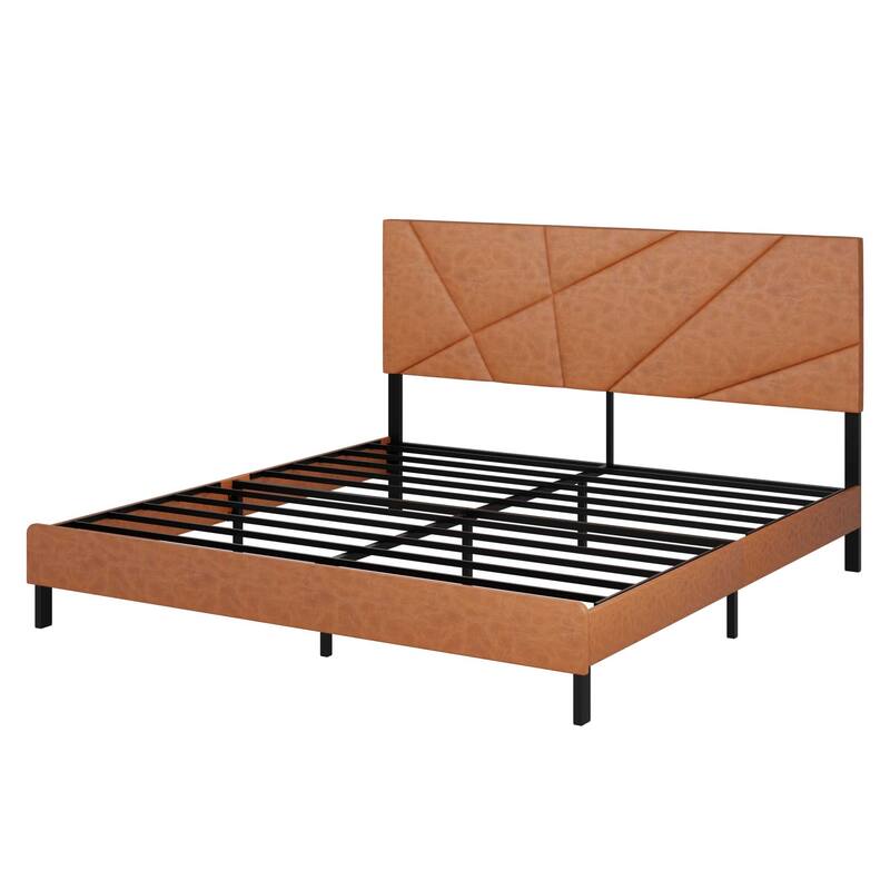metal bed frame, square platform bed with under-bed storage, no spring-loaded mattress required, vintage brown - King