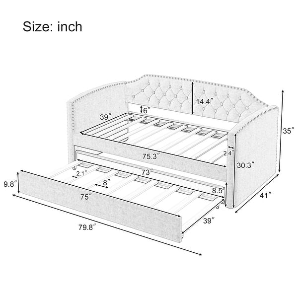 Gray Twin Upholstered Daybed Button Tufting Frame Sofa Bed with Trundle and Silver Nail Head Trim, Curved Arms for Guest Room
