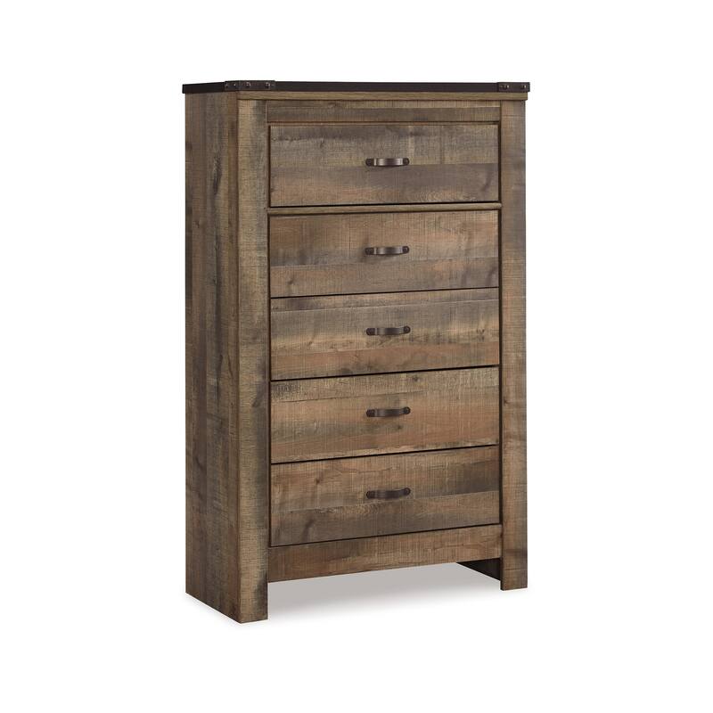 Zoey Tall Dresser Chest, 5 Storage Drawers, Rustic Brown Plank Details