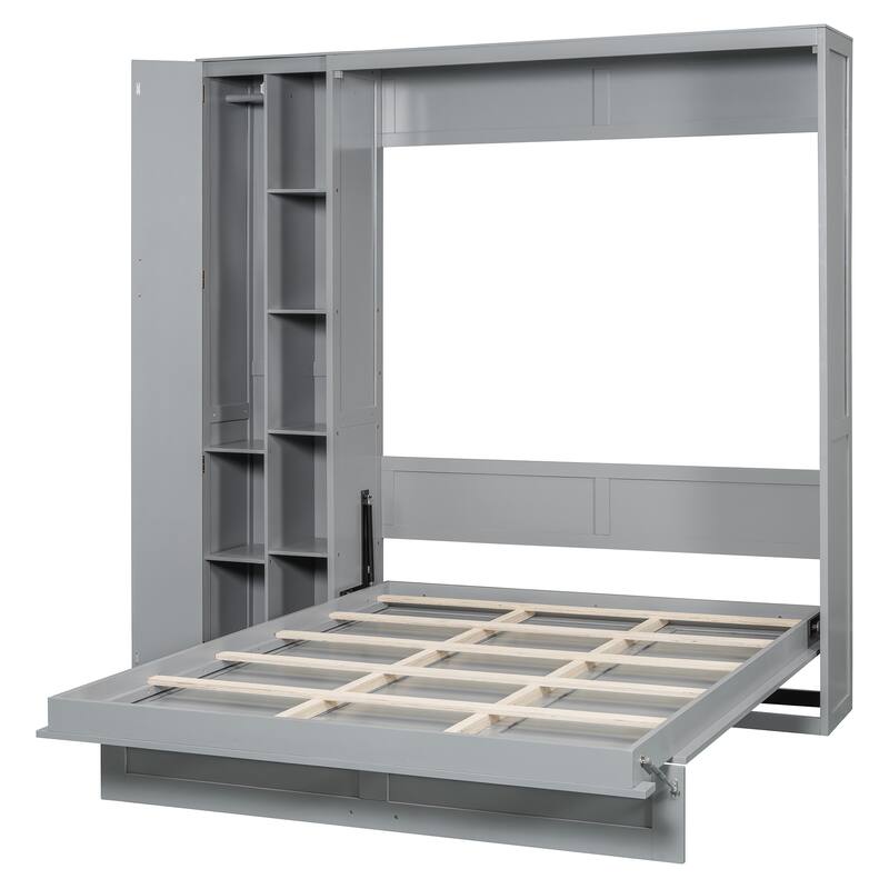 Queen Size Wall Bed with Shelves, Wardrobe, and LED Lights, Space-Saving Design