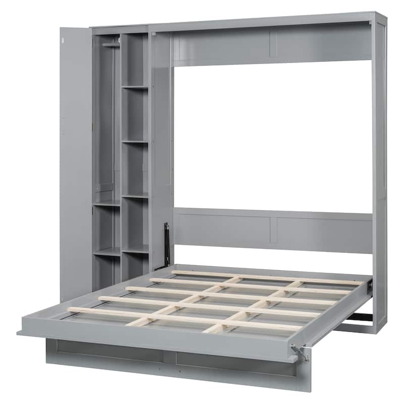 White Multi-Functional Queen Size Murphy Bed Wall Bed with Shelves, Wardrobe and LED Lights for Bedroom Apartment