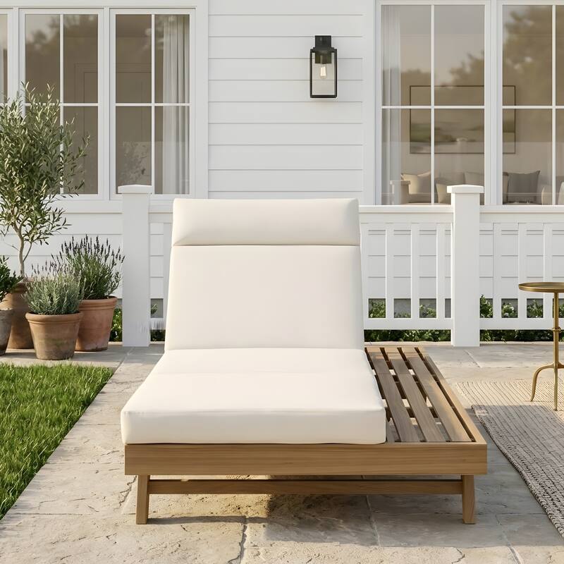 Outdoor Patio Lounge Chair, Adjustable Recliner with Headrest and Retractable Side Tray - Cream Light Brown