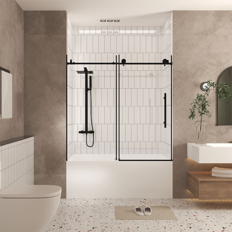 60 "W x 60" H Frameless Shower Door with Stainless Steel Handle - 60'' x 0.31'' x 60'' - Matte Black
